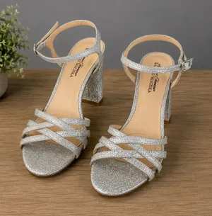 American Glamour Badgley Mischka Silver Glitter Block Heel Sandals Womens 6‎ thumbnail 1