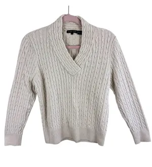 JEANNE PIERRE Womens Cable Knit Shawl Collar Sweater Beige Cotton‎ Long Sleeve L thumbnail 1