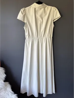 Cream Faux Leather Button-Front Midi Dress with Short Sleeves and Pockets thumbnail 3