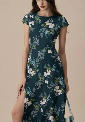 RIHOAS The Green Round Neck Cutout Floral Midi Dress thumbnail 2