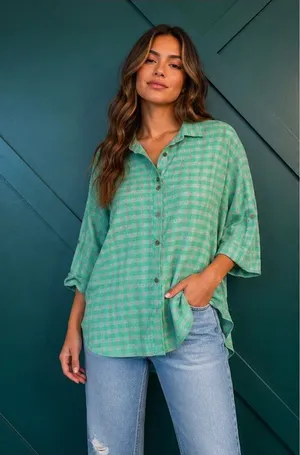 easel Mint Green Gingham Button-Up Tunic Top Relaxed Fit Cottagecore thumbnail 1