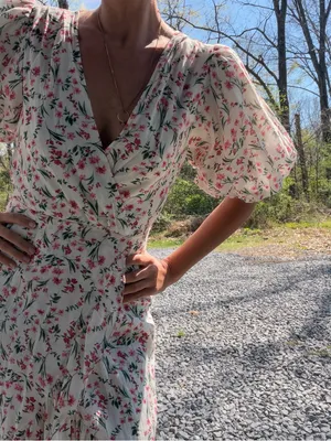 MINKPINK White Ruffle Midi Faux Wrap Dress with Pink & Green‎ Floral Size XS thumbnail 2