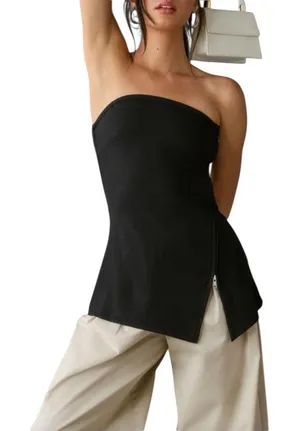 Maeve x Anthropologie Asymmetrical Zipper Tube Top Black/Noir Size Large thumbnail 1