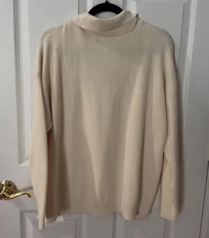 Cream Ribbed Long Sleeve Polo Sweater oversized medium thumbnail 4