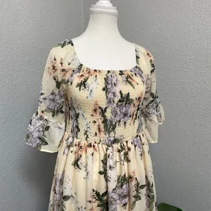 Shein Cream Maxi Dress Purple Green Floral Smocked Waist Ruffle Sleeves thumbnail 2