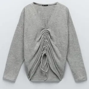 ZARA Heathered Gray Cinched Sweater V Neck Pullover Cinchable Cinched Top Large thumbnail 7