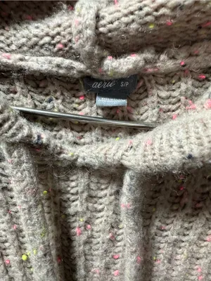 aerie Taupe Knit Hooded Crewneck Sweater with Pink Speckle thumbnail 2