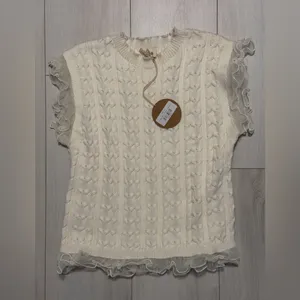 NWT Bibi Cream Cable Knit Top with Layered Chiffon Edges size medium White thumbnail 2