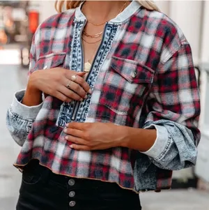 Prómesa plaid denim patchwork quarter zip collared pullover top S thumbnail 1