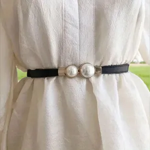 Thin Double Faux Pearl Buckle‎ Solid Color PU Leather Waist Thin Belt One Size thumbnail 15