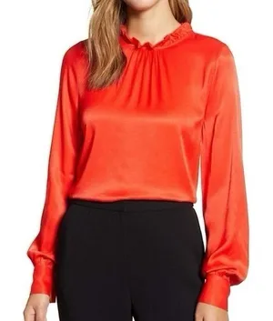 RP Rachel Parcell‎ Red Ruffle Neck Satin Blouse Long Bishop Sleeves thumbnail 1