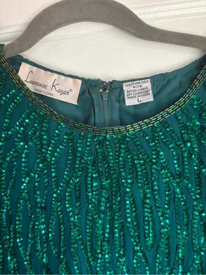 Vintage Laurence Kazar Emerald Green Silk Beaded Sequin Cocktail Dress Large thumbnail 4