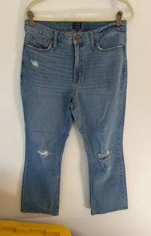J. Crew Light Blue Flare cropped Jeans with Distressed Knees mid-raise thumbnail 1