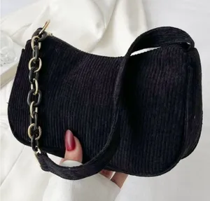 SHEIN Black Corduroy Small Shoulder Bag with Plastic Chain Accent thumbnail 1