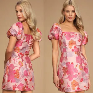 NWOT Lulus So Stunning Orange Multi Floral Jacquard Puff Sleeve Mini Dress Sz XS thumbnail 2