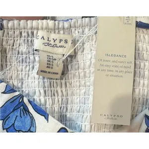 Calypso St Barth Linen Blend Smocked Back‎ Midi Dress Blue White Tropical Size S thumbnail 10