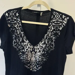 Tahari Womens Black Silver Metallic Damask V-Neck Cotton T-Shirt Size Large thumbnail 3