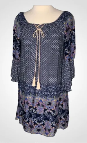 Altar’d State Blue/White/Lavender Boho Bell Sleeve Mini Dress Tunic S thumbnail 1