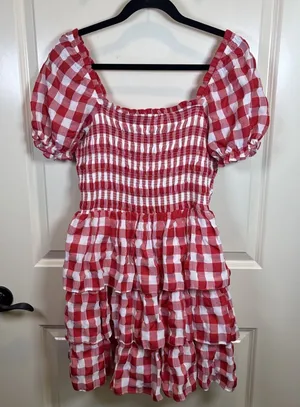 English Factory |Tuckernuck Gingham Puff Sleeve Tiered‎ Dress Medium Tomato Girl thumbnail 1