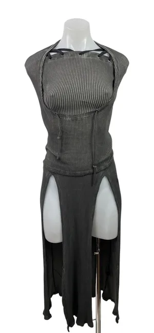 Dolls Kill Darker Wavs Gray Ribbed Hooded Sleeveless Slit Maxi Bodycon Dress XS thumbnail 1