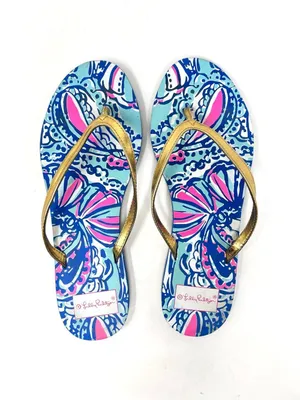 Lilly Pulitzer Coastal Blue Pink Print Gold Metallic Strap Flip Flops 9.5 thumbnail 2
