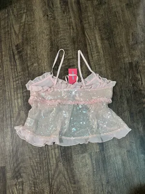 sequin ruffle split front top in light pink thumbnail 7