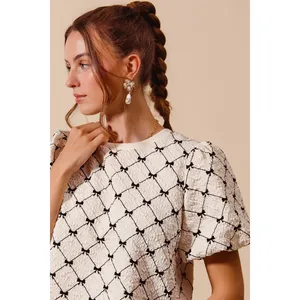 SO ME Bow Texture Woven Bubble‎ Sleeve Top - Ivory - Large thumbnail 10