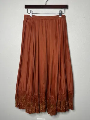 Vintage Burnt Orange Cotton Silk Embroidered Hem Gathered Boho Maxi Skirt thumbnail 3