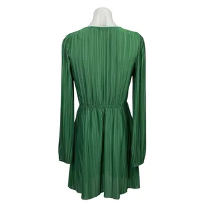 Zara Green Silk Satin Pleated Plisse Long Sleeve V Neck Fit & Flare Mini Dress M thumbnail 3