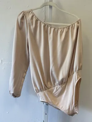 Ann Taylor Factory One Shoulder Bodysuit Blouse Champagne Beige Satin Large thumbnail 1