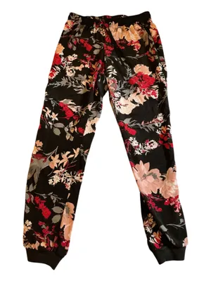 Soho Street New York & Company Floral Joggers Pants Black Pink Red XS thumbnail 1