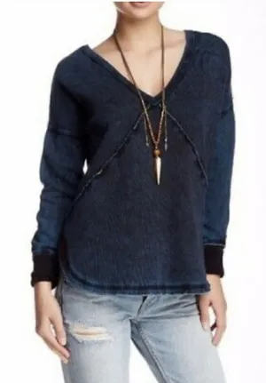 Free People Women’s Indigo Western Long Sleeve Cotton Pullover Top Size SP thumbnail 1