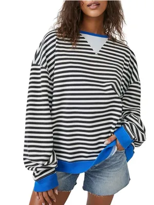 Free People We The Free Classic Striped Crew in Black Combo Black White Large thumbnail 2