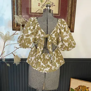 Free The Roses Cotton Floral Peplum Open Tie Back Top - Sz Med 💚🎀 thumbnail 9