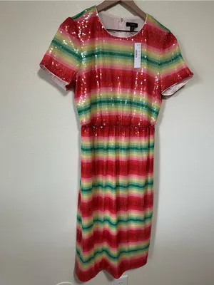 💗🆕J. Crew Watermelon Sequin Pink Multi-Stripe Midi Short Sleeve Dress✨NWT✨ thumbnail 4