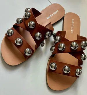 Marc Fisher Carmel Brown Leather Slide Sandals with Silver Stud Accents thumbnail 1