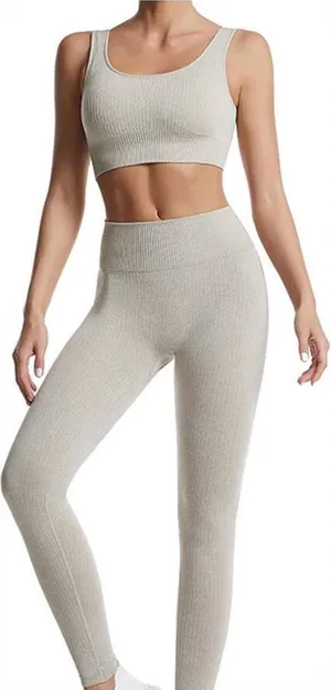 Amazon ribbed seamless workout set size small leggings bra taupe thumbnail 1