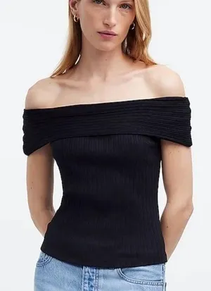 Madewell Black Ribbed Off Shoulder Top Medium thumbnail 1