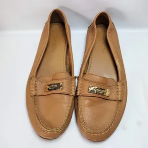 Coach Fredrica Loafers Women 7.5B Tan Leather‎ Gold Logo Driving Moccasins A5175 thumbnail 2