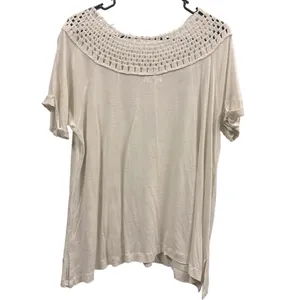 Maurices Oatmeal Macrame Neck Boho Short Sleeve Flowy Tunic Blouse Top Womens L thumbnail 3