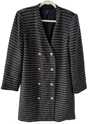 Ann Taylor Tweed Longline Blazer Coat Navy Golden Brown Stripe Size 8 thumbnail 1