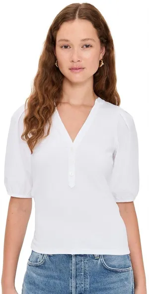 NWT Madewell White Puff Sleeve Henley Top XL Short Sleeve Cotton Blend Blouse thumbnail 1