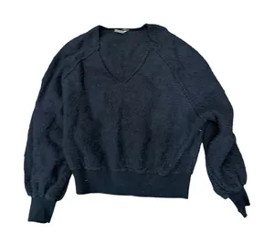 Free People Black Boucle V-Neck Balloon Raglan Sleeve Textured Sweater XS thumbnail 1