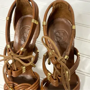 Tory Burch Tan Brown Leather Knotted Strappy Lace Up Stiletto Heels Sandals 9.5M thumbnail 11