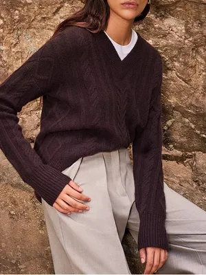 C by Bloomingdale’s Cable Knit Cashmere Sweater Brown Size L thumbnail 1