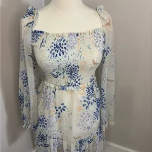 Wilfred‎ Aritzia Smocked Mini Dress Blue Floral Square Neck Long Sleeve XS thumbnail 2