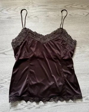 Worthington Brown Satin Camisole Lace Trim V-Neck Adjustable Straps Top Large thumbnail 1