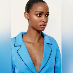 ZARA Short Trench Coat Deep V-Neck Cotton Button-Up Shirt Dress‎ Blue Size Large thumbnail 3