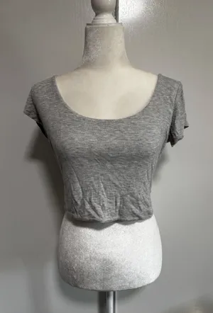 Planet Gold Womens Heather Gray Ribbed Scoop Neck Cropped T-Shirt Size M thumbnail 1