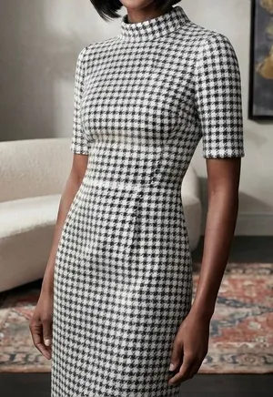 American Living Houndstooth Mock Neck Short Sleeve Sheath Dress Black White thumbnail 1